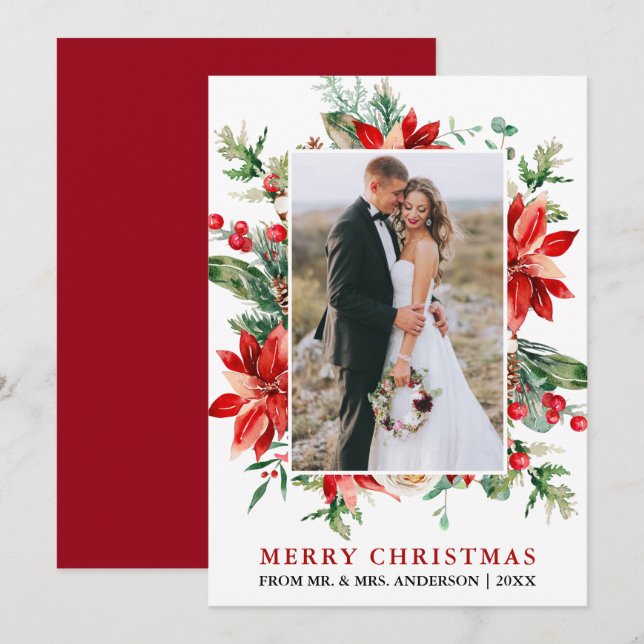 Cartes Pour Fêtes Annuelles Aquarelle Poinsettia Floral Nouveau marié Noël (Devant / Derrière)