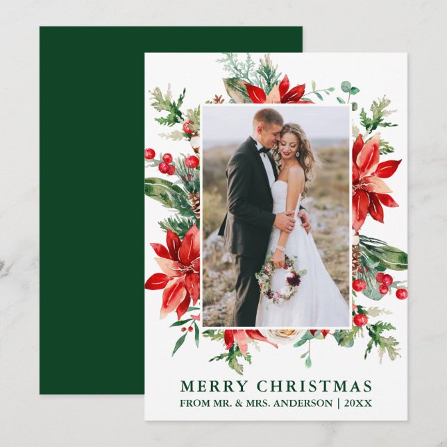 Cartes Pour Fêtes Annuelles Aquarelle Poinsettia Floral Nouveau Vert (Devant / Derrière)