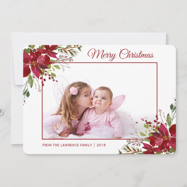 Cartes Pour Fêtes Annuelles Aquarelle Poinsettia Florale Photo de Noël (Devant)
