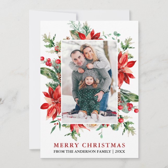 Cartes Pour Fêtes Annuelles Aquarelle Poinsettia Florale Photo Noël (Devant)