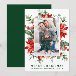 Cartes Pour Fêtes Annuelles Aquarelle Poinsettia Florale Photo Noël Vert