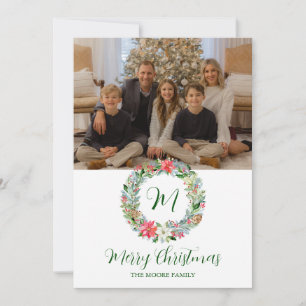 Cartes Pour Fêtes Annuelles Aquarelle Poinsettia monogramme de couronne de Noë