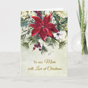 Cartes Pour Fêtes Annuelles Aquarelle Poinsettia, sainte, maman de Noël de pin