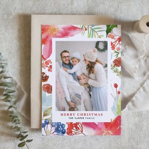 Cartes Pour Fêtes Annuelles Aquarelle Poinsettias   Floral Holiday Photo
