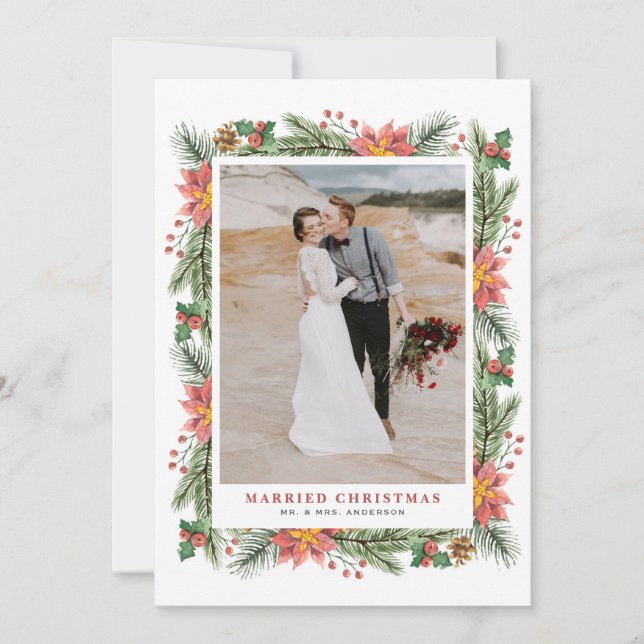 Cartes Pour Fêtes Annuelles Aquarelle Poinsettias Mariage cadre de Noël (Devant)