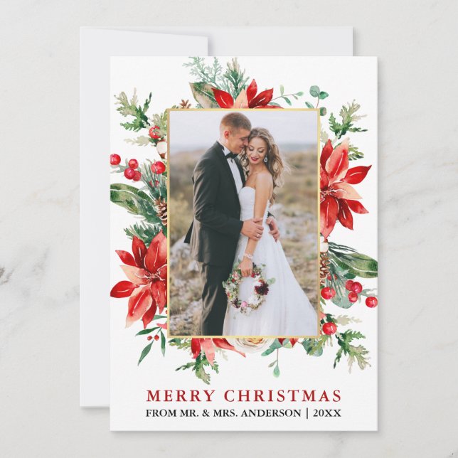 Cartes Pour Fêtes Annuelles Aquarelle Poinsettias Noël Or neuf (Devant)