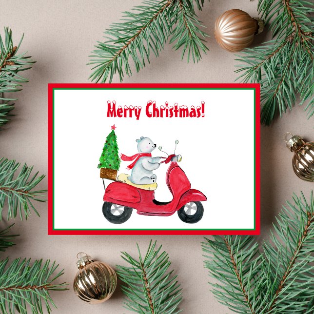 Cartes Pour Fêtes Annuelles Aquarelle Polaire Ours Scooter de Noël (A Polar Bear Christmas greeting.)