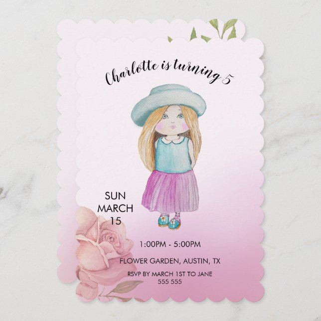 Cartes Pour Fêtes Annuelles Aquarelle poupée mignonne peinte à la main (Devant / Derrière)