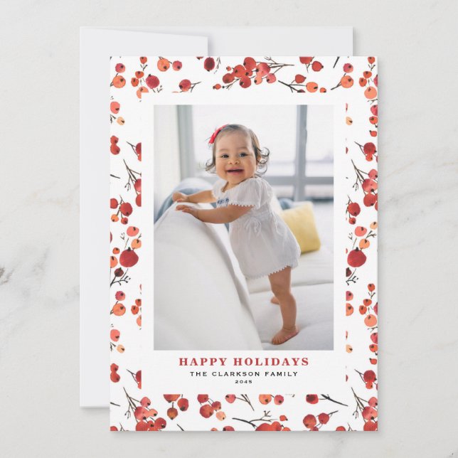 Cartes Pour Fêtes Annuelles Aquarelle Red Winterberry Christmas Photo (Devant)