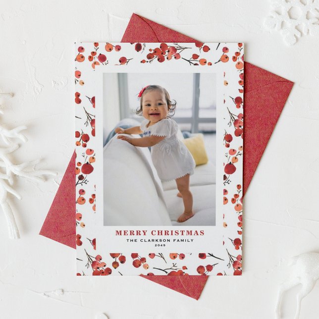 Cartes Pour Fêtes Annuelles Aquarelle Red Winterberry Christmas Photo (Watercolor Red Winterberry Photo Christmas Holiday Card)