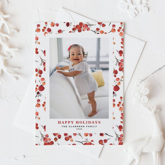 Cartes Pour Fêtes Annuelles Aquarelle Red Winterberry Happy Holidays Photo (Watercolor Red Winterberry Happy Holidays Photo Holiday Postcard)