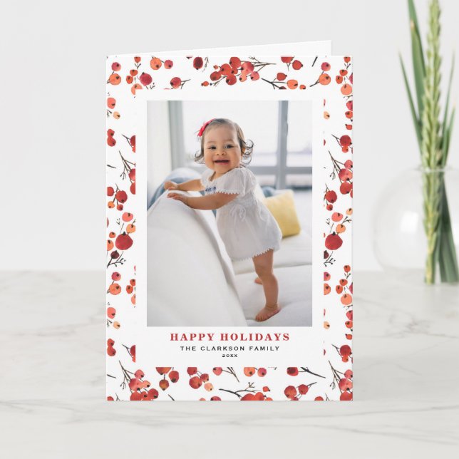 Cartes Pour Fêtes Annuelles Aquarelle Red Winterberry Happy Holidays Photo (Devant)
