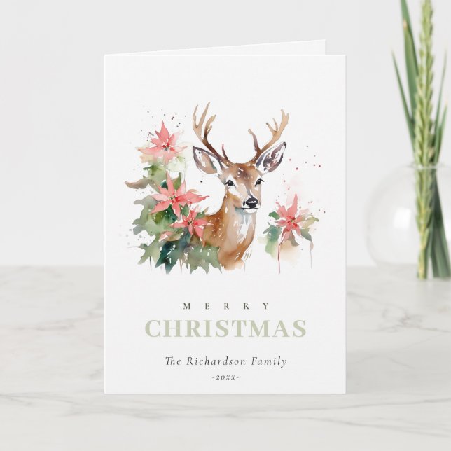 Cartes Pour Fêtes Annuelles Aquarelle Reindeer Poinsettia Folio de Noël (Devant)
