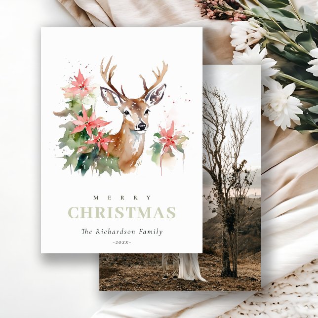 Cartes Pour Fêtes Annuelles Aquarelle Reindeer Poinsettia Photo de Noël (Créateur téléchargé)