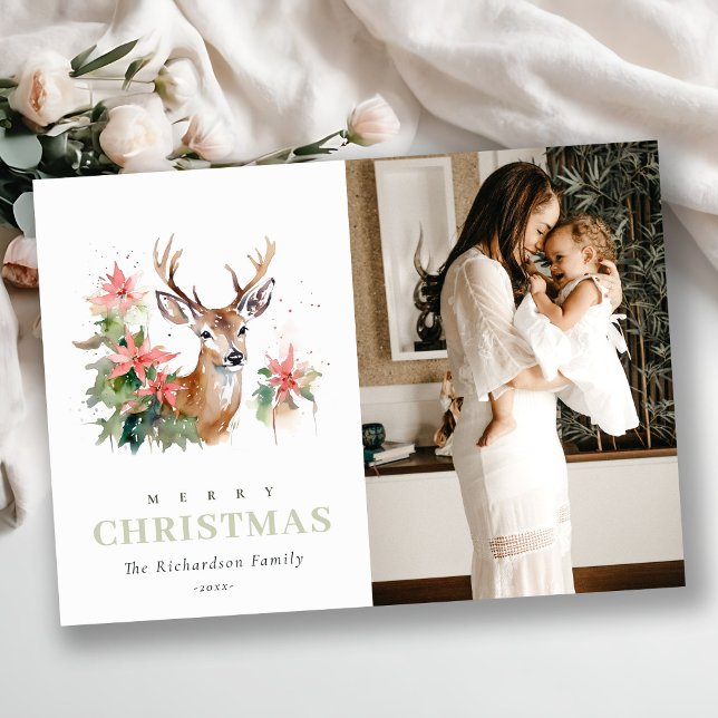Cartes Pour Fêtes Annuelles Aquarelle Reindeer Poinsettia Photo de Noël (Créateur téléchargé)