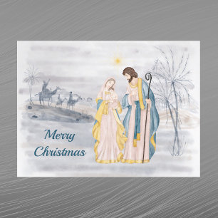 Cartes Pour Fêtes Annuelles Aquarelle religieuse chrétienne Bleu de Noël