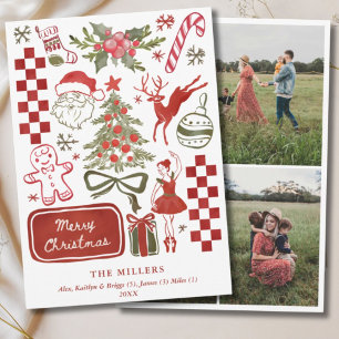 Cartes Pour Fêtes Annuelles Aquarelle Rétro Illustrée Verte & Rouge 3 Photo