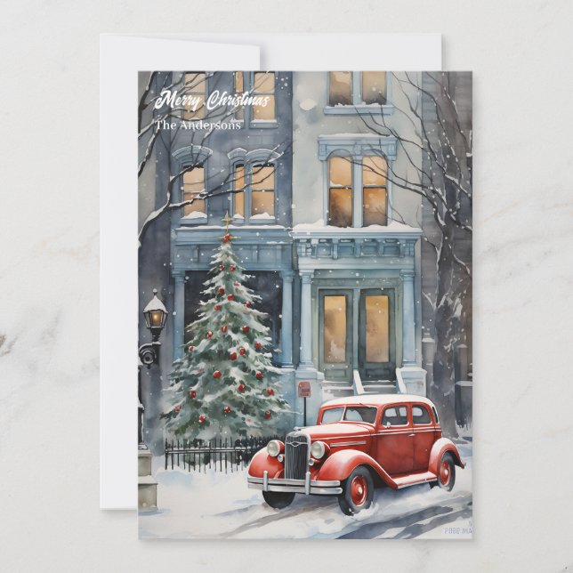 Cartes Pour Fêtes Annuelles Aquarelle rétro voiture de Noël (Devant)