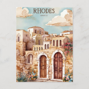 Cartes Pour Fêtes Annuelles Aquarelle Rhodes Grèce Affiche de voyage Mediterra