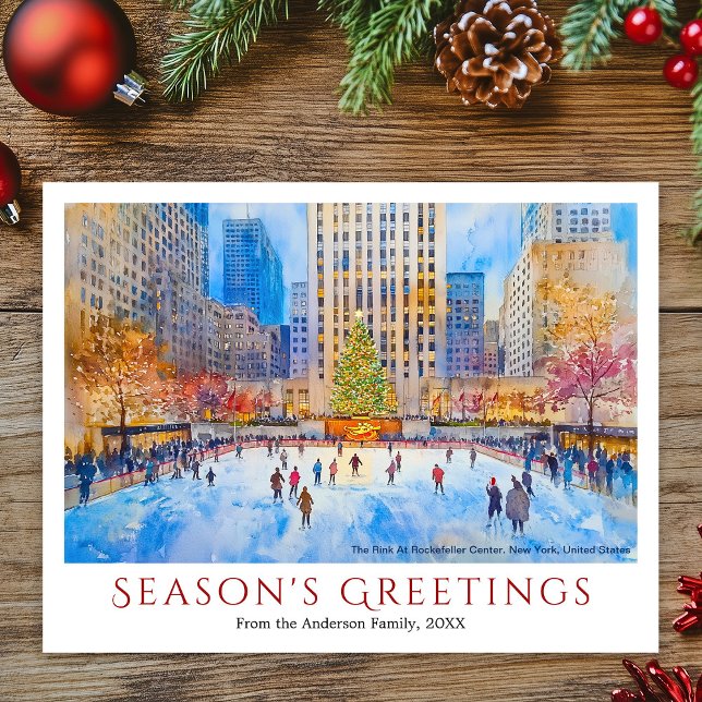Cartes Pour Fêtes Annuelles Aquarelle Rockefeller Centre NYC Voyage Noël (Watercolor Rink Rockefelle Center New York Travel Christmas Holiday Postcard)