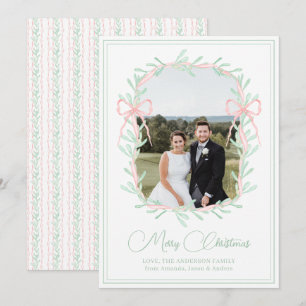 Cartes Pour Fêtes Annuelles Aquarelle rose Bow vert verdure Photo de Noël
