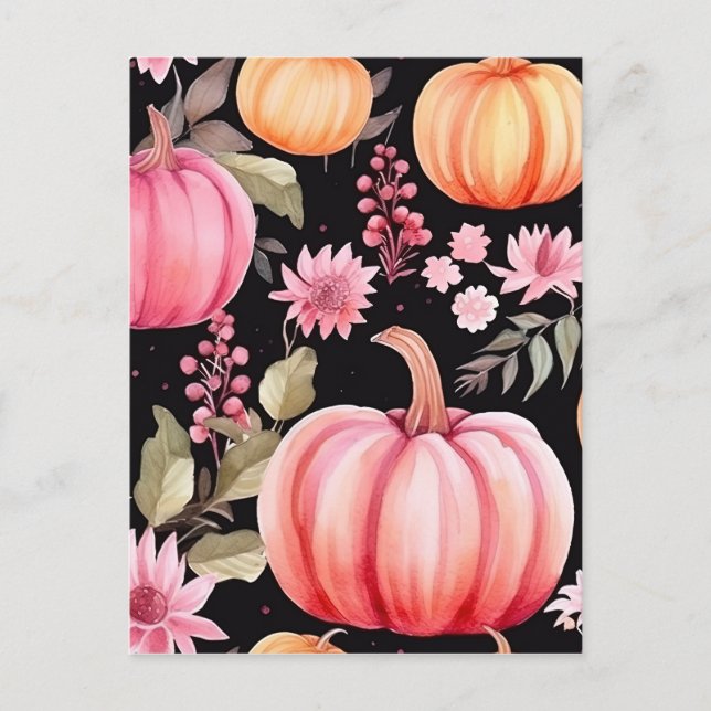 Cartes Pour Fêtes Annuelles Aquarelle rose Citrouille motif floral (Devant)