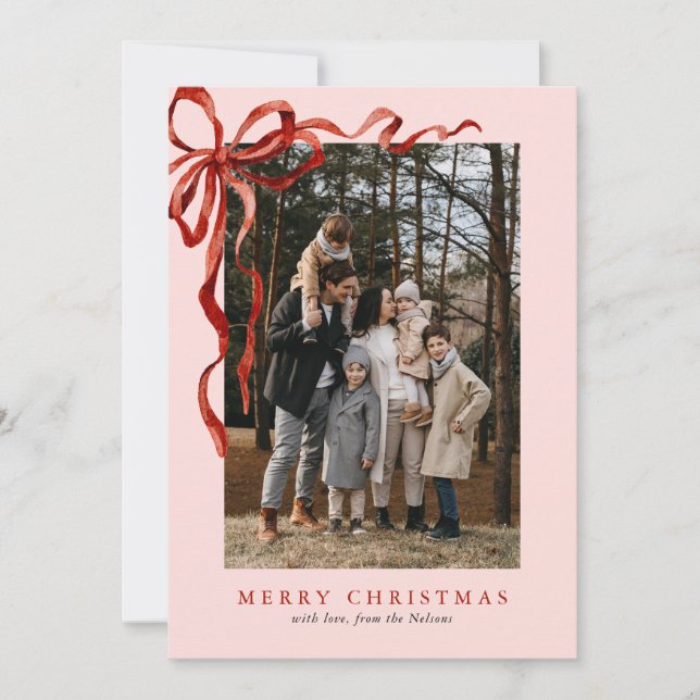 Cartes Pour Fêtes Annuelles Aquarelle rose élégante Bow rouge Noël 2 Photo (Devant)