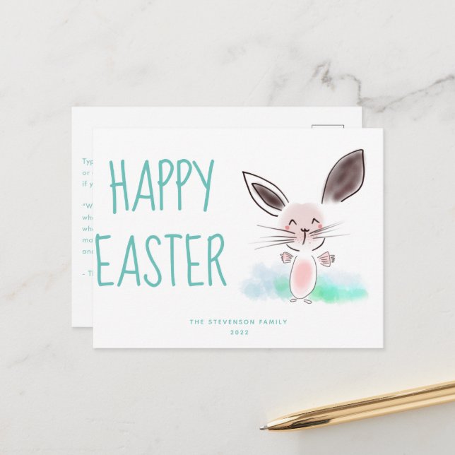 Cartes Pour Fêtes Annuelles Aquarelle rose mignonne lapin Joyeux Pâques (Devant/Arrière en situation)
