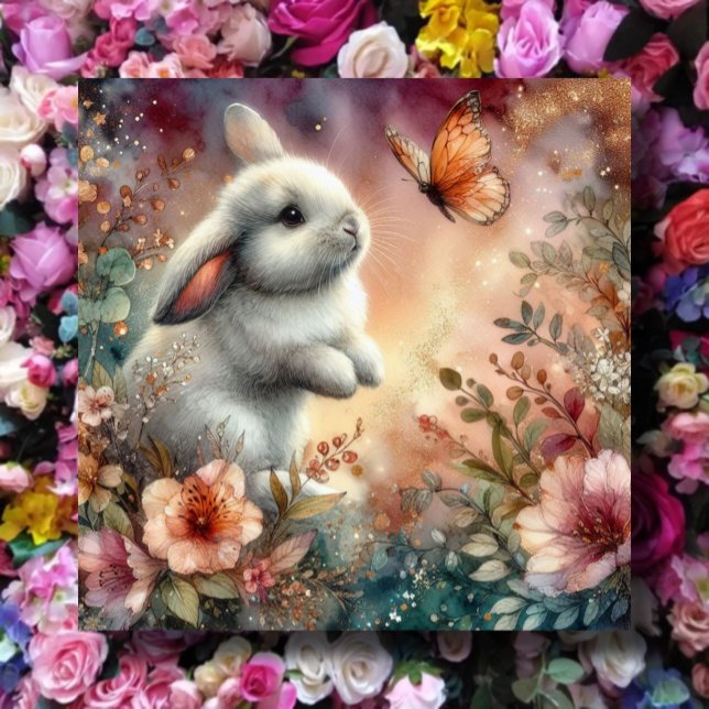 Cartes Pour Fêtes Annuelles Aquarelle rose pâle Peach Fleurs lapins Pâques (Créateur téléchargé)