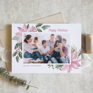 Cartes Pour Fêtes Annuelles Aquarelle rose Poinsettia Joyeuses vacances Photo