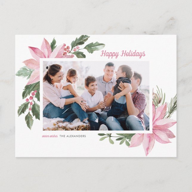 Cartes Pour Fêtes Annuelles Aquarelle rose Poinsettia Joyeuses vacances Photo (Devant)