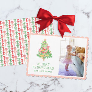 Cartes Pour Fêtes Annuelles Aquarelle rose Vert Bois Coquette Photo de Noël
