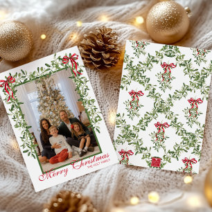 Cartes Pour Fêtes Annuelles Aquarelle Rouge Bow Mistletoe Garland Photo