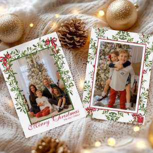 Cartes Pour Fêtes Annuelles Aquarelle Rouge Bow Mistletoe Garland Photo