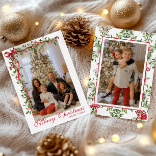 Cartes Pour Fêtes Annuelles Aquarelle Rouge Bow Mistletoe Garland Photo