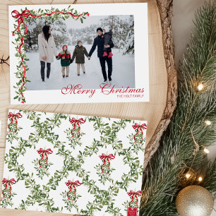 Cartes Pour Fêtes Annuelles Aquarelle Rouge Bow Mistletoe Garland Photo