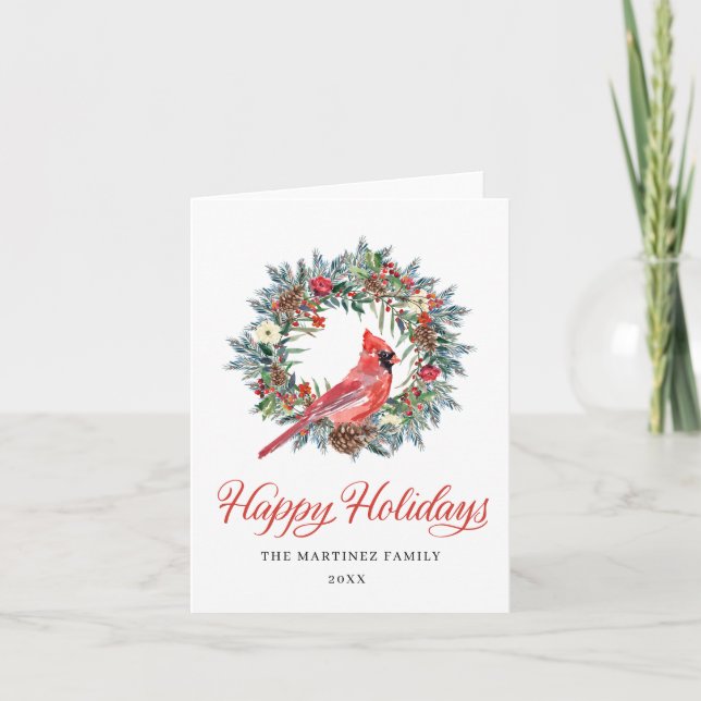 Cartes Pour Fêtes Annuelles Aquarelle Rouge Cardinal Pine Wreath Christmas Hol (Devant)