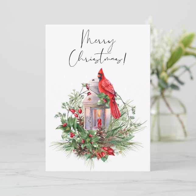Cartes Pour Fêtes Annuelles Aquarelle rouge cardinale Oiseau Noël d'hiver (Debout devant)