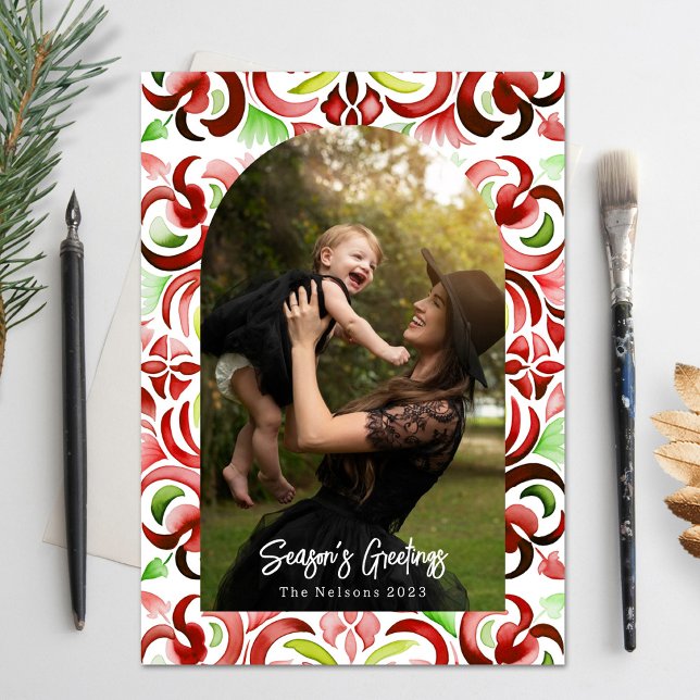Cartes Pour Fêtes Annuelles Aquarelle Rouge et Vert Arche photo de Noël (Créateur téléchargé)