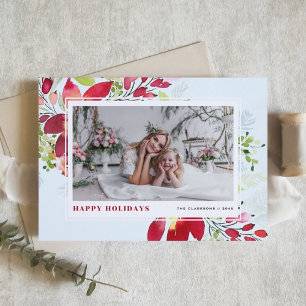 Cartes Pour Fêtes Annuelles Aquarelle rouge Fleurs de Noël Photo Happy