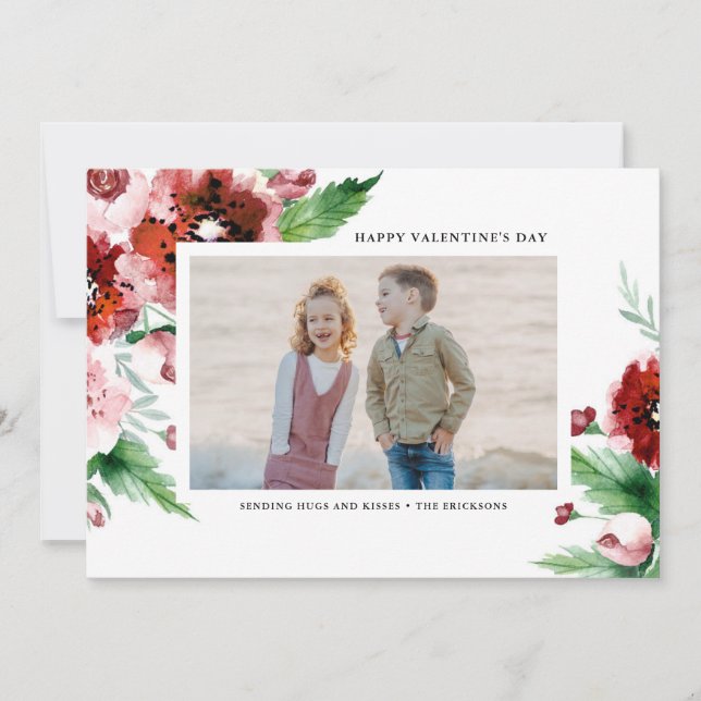 Cartes Pour Fêtes Annuelles Aquarelle Rouge Floral Frontières Valentines Jour  (Devant)