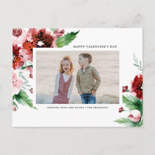 Cartes Pour Fêtes Annuelles Aquarelle Rouge Floral Frontières Valentines Jour  (Devant)