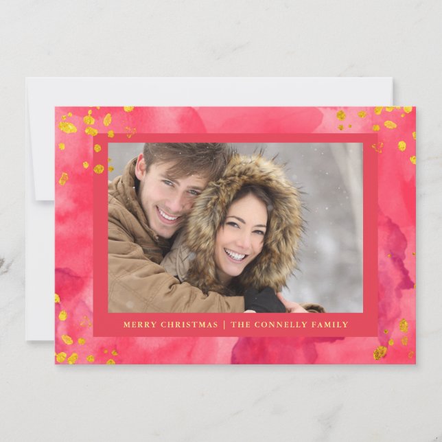 Cartes Pour Fêtes Annuelles Aquarelle rouge Noël avec or | Photo (Devant)