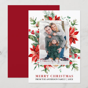 Cartes Pour Fêtes Annuelles Aquarelle Rouge Poinsettia Florale Photo Noël