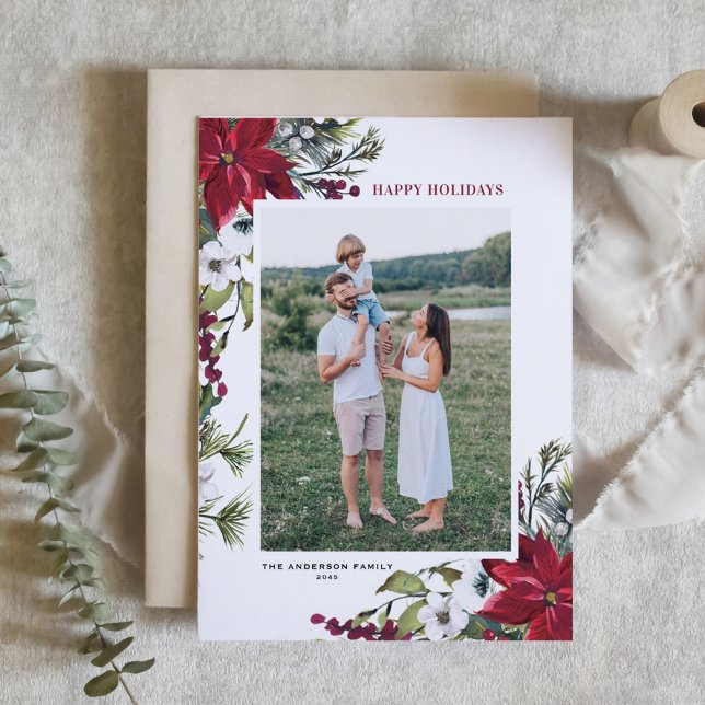 Cartes Pour Fêtes Annuelles Aquarelle rouge Poinsettia Photo botanique (Customizable photo holiday card featuring watercolor burgundy red poinsettia and white flowers)