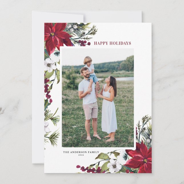 Cartes Pour Fêtes Annuelles Aquarelle rouge Poinsettias Photo botanique (Devant)
