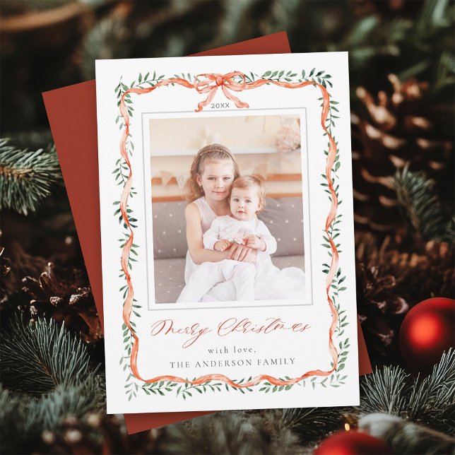 Cartes Pour Fêtes Annuelles Aquarelle Rouge Ruban Bow Cadre photo Noël (Créateur téléchargé)