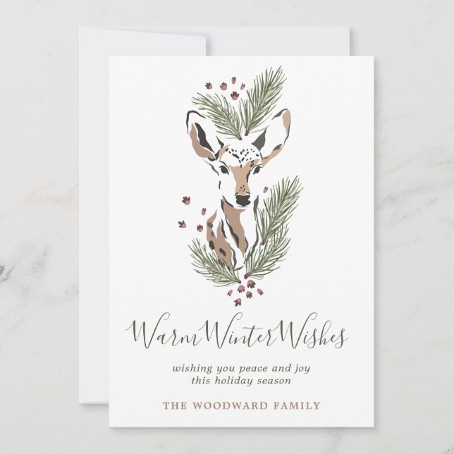Cartes Pour Fêtes Annuelles Aquarelle rustique Cerf Chaud hiver Warm (Devant)
