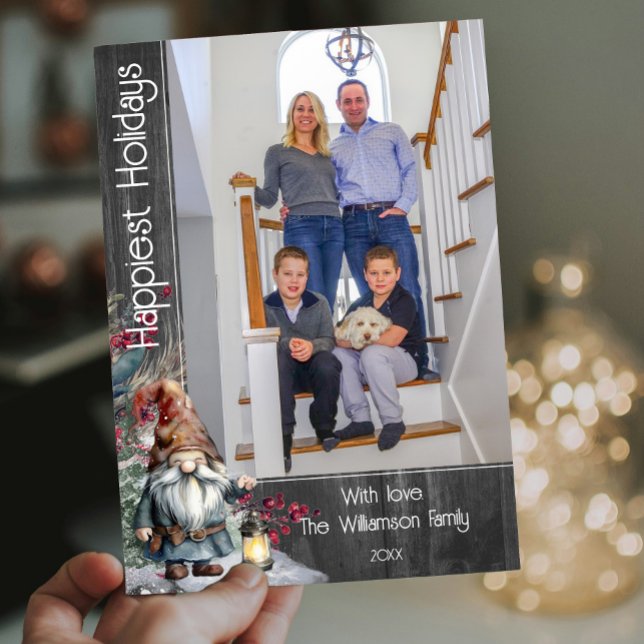 Cartes Pour Fêtes Annuelles Aquarelle rustique Gnome de Noël - Photo gris (Créateur téléchargé)
