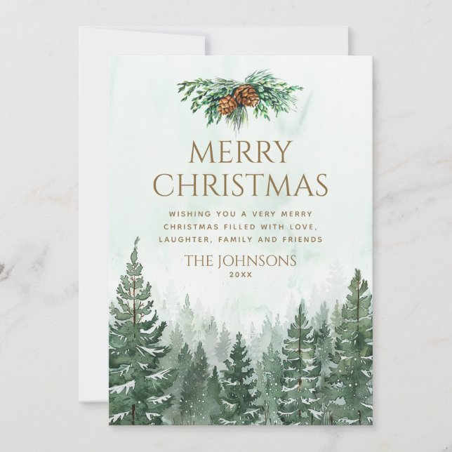 Cartes Pour Fêtes Annuelles Aquarelle rustique Green Pine Tree Forest Noël (Devant)